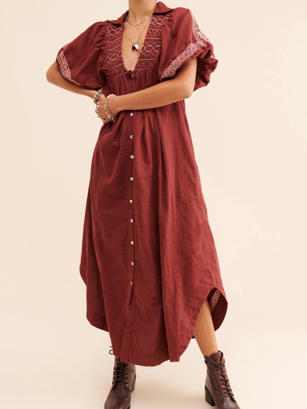 Free People Rust Button-Front Maxi Dress